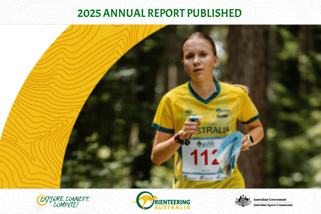 Female runner in a yellow Australia jersey with bib 112 running through a forest, on a promotional banner for Orienteering Australia’s 2025 annual report.