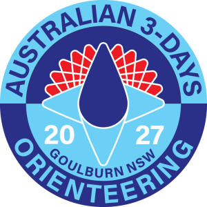 Circular badge for Australian 3-Day Orienteering 2027, Goulburn NSW, featuring a blue teardrop and red fan motif.