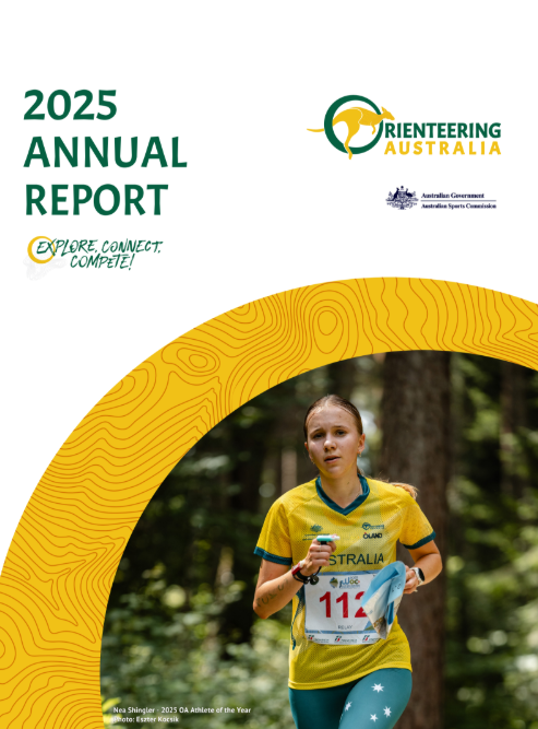 Screenshot 2026-07-06 202117 - Orienteering Australia Cover of the 2025 Annual Report showing Orienteering Australia logos, a yellow arc motif, and a female runner in a yellow Australia shirt running through a forest.