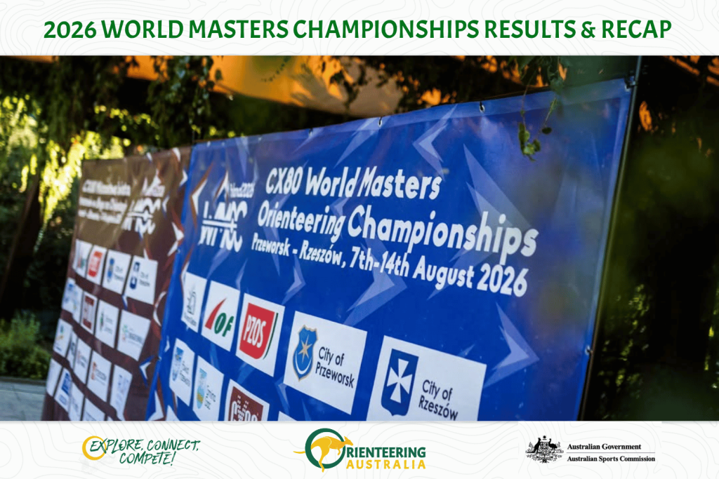 Large blue banner advertising the World Masters Orienteering Championships with sponsor logos at the bottom edge of the banner.
