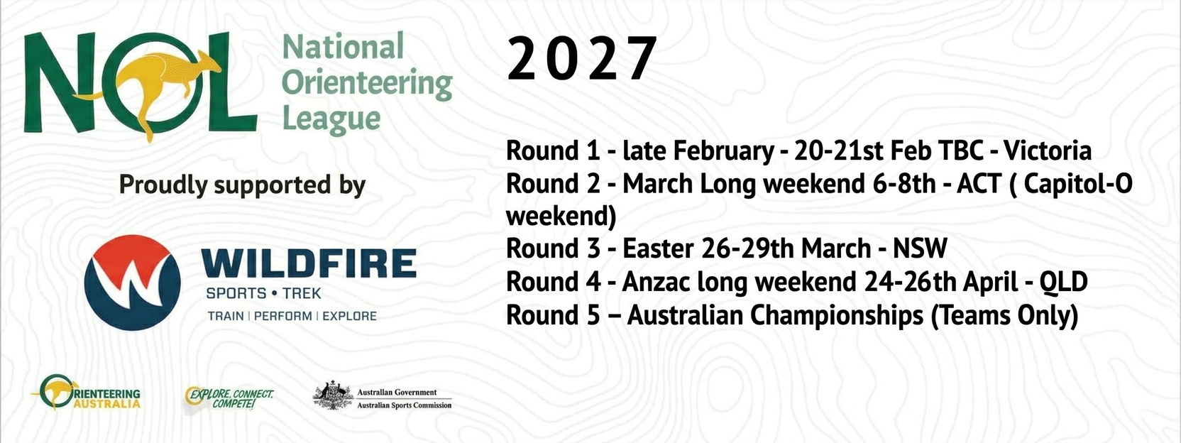 Banner for 2027 National Orienteering League with round-by-round schedule and sponsor logos (NO L and Wilde is branding).