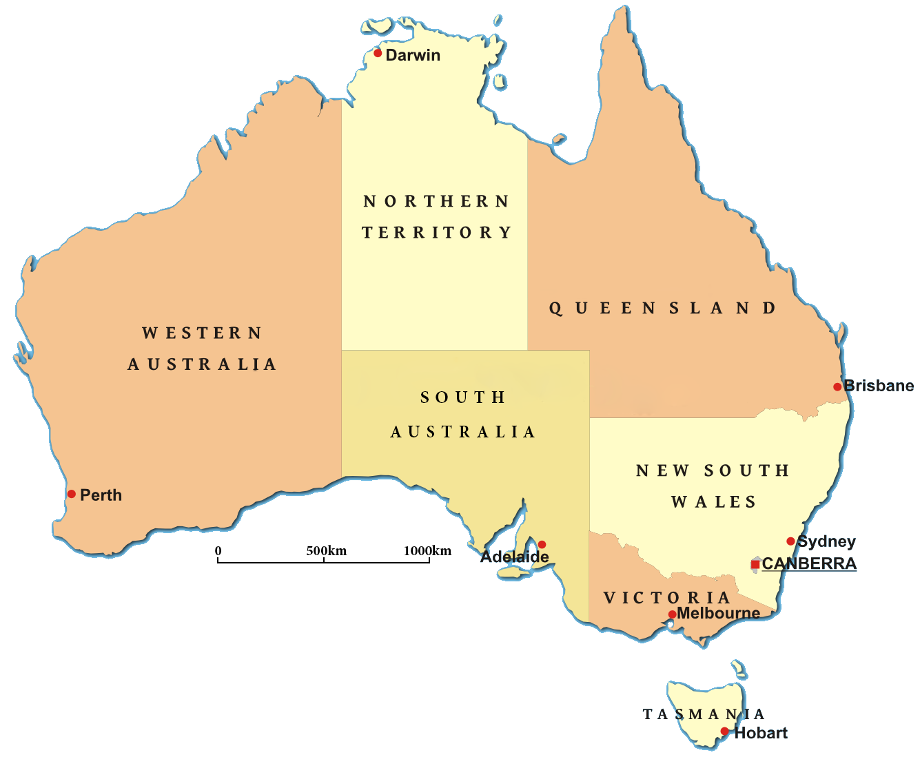 Map of Australia with states/territories labeled and major cities: Perth, Darwin, Adelaide, Brisbane, Canberra, Sydney, Melbourne, Hobart.