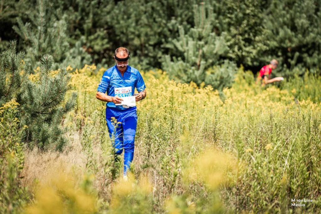 image4 - Orienteering Australia Male runner in blue with a race bib moving through a sunlit meadow of yellow wildflowers; another runner in red is in the background.