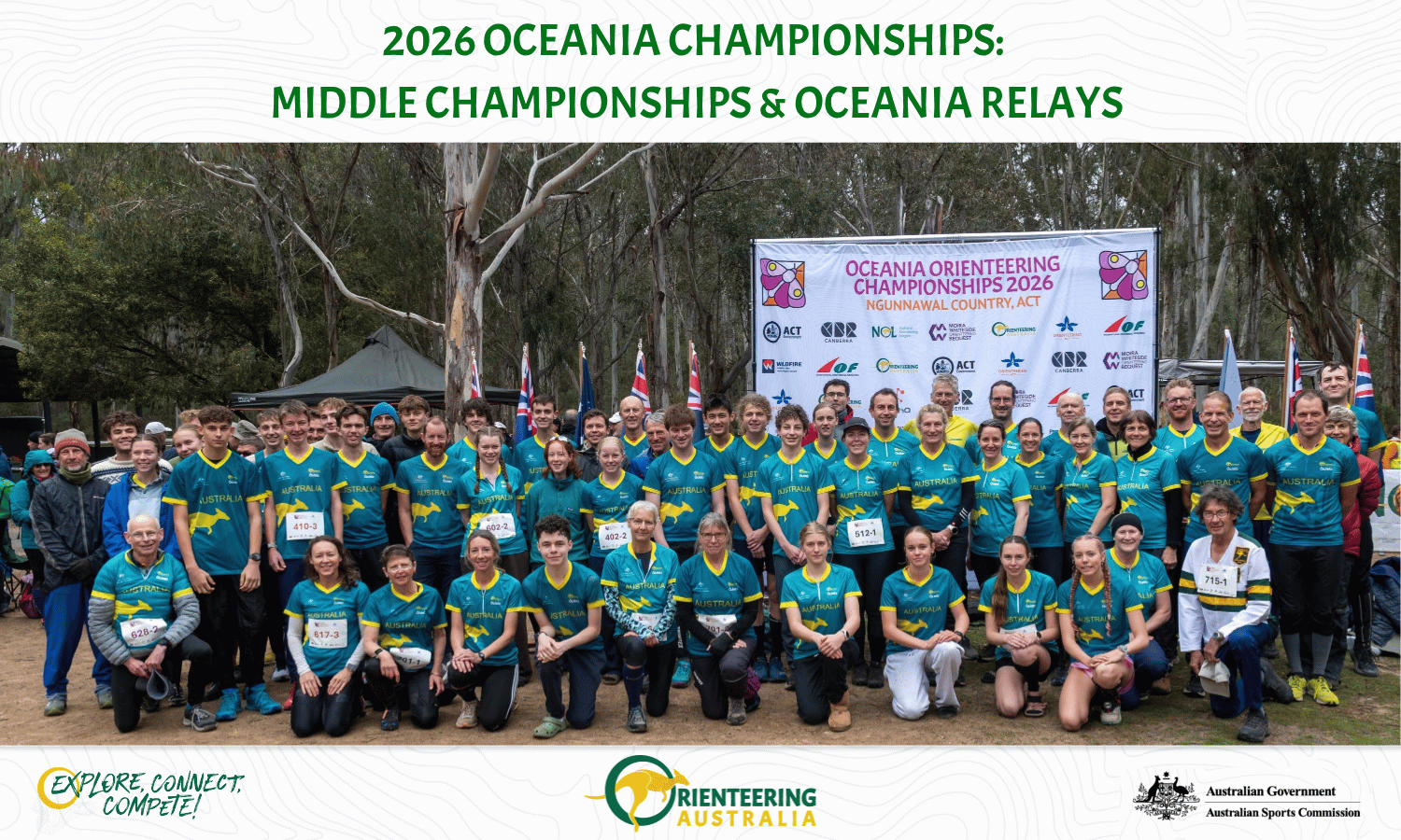 Group of athletes in turquoise Australia shirts posing for a photo at the 2026 Oceania Championships, with a banner behind them and flags nearby.