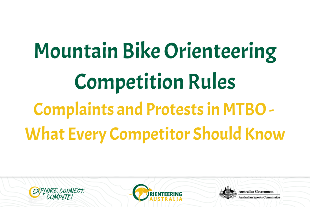 Slide title: Mountain Bike Orienteering Competition Rules—Complaints and Protests in MTBO (What Every Competitor Should Know) with partner logos at the bottom.