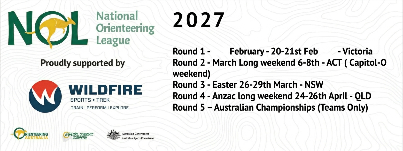 Promotional banner for National Orienteering League 2027 listing Round 1-5 schedules and sponsors such as Wildfire and government partners.