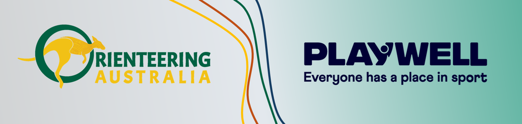 Orienteering Australia logo with a green circle and yellow kangaroo, beside curved multicolor lines and the Play Well logo with its slogan on a teal gradient background.