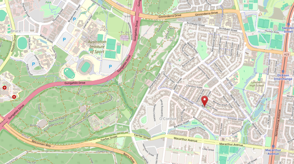 OMG Location - Orienteering Australia Detailed map with a red pin marking a location in the O’Connor area, near Gungahlin Drive and Macarthur Avenue pale to the south edge.