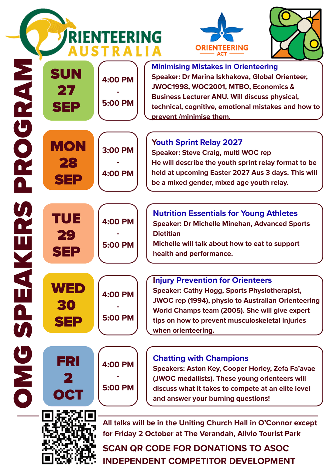 Orienteering Australia event poster with daily schedules, dates, times, and speaker notes for a multi-day conference. Includes: Sun 27 Sep, Mon 28 Sep, Tue 29 Sep, Wed 30 Sep, each with time blocks and session descriptions, plus a QR code at bottom.