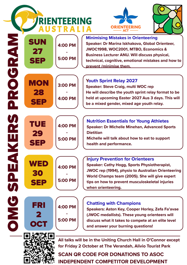 Orienteering Australia event poster with daily schedules, dates, times, and speaker notes for a multi-day conference. Includes: Sun 27 Sep, Mon 28 Sep, Tue 29 Sep, Wed 30 Sep, each with time blocks and session descriptions, plus a QR code at bottom.
