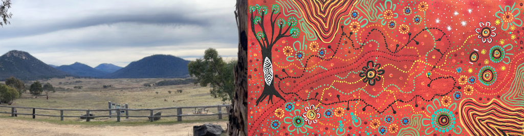A split-image: left side a rural field with a wooden fence and distant hills; right side a bright abstract painting with swirls, dots, and floral motifs on red.