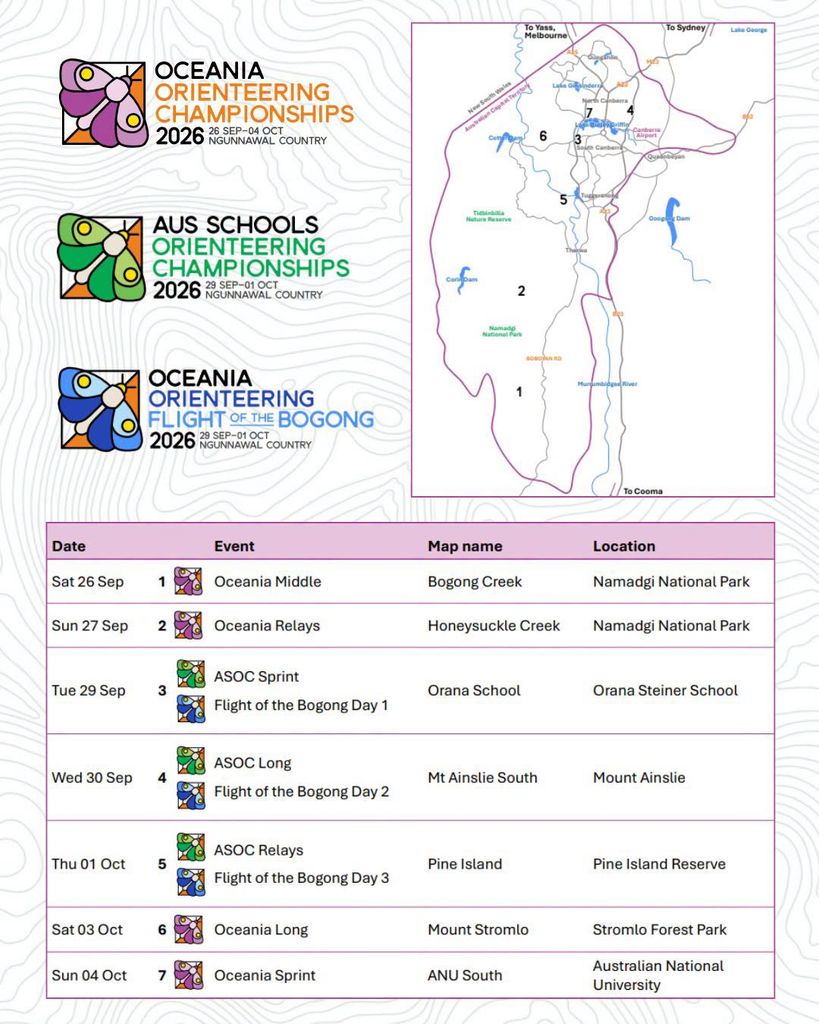 Poster for the 2026 Oceania Orienteering Championships with three event logos, a map, and a schedule listing dates, events, map names, and locations in Namadgi National Park.