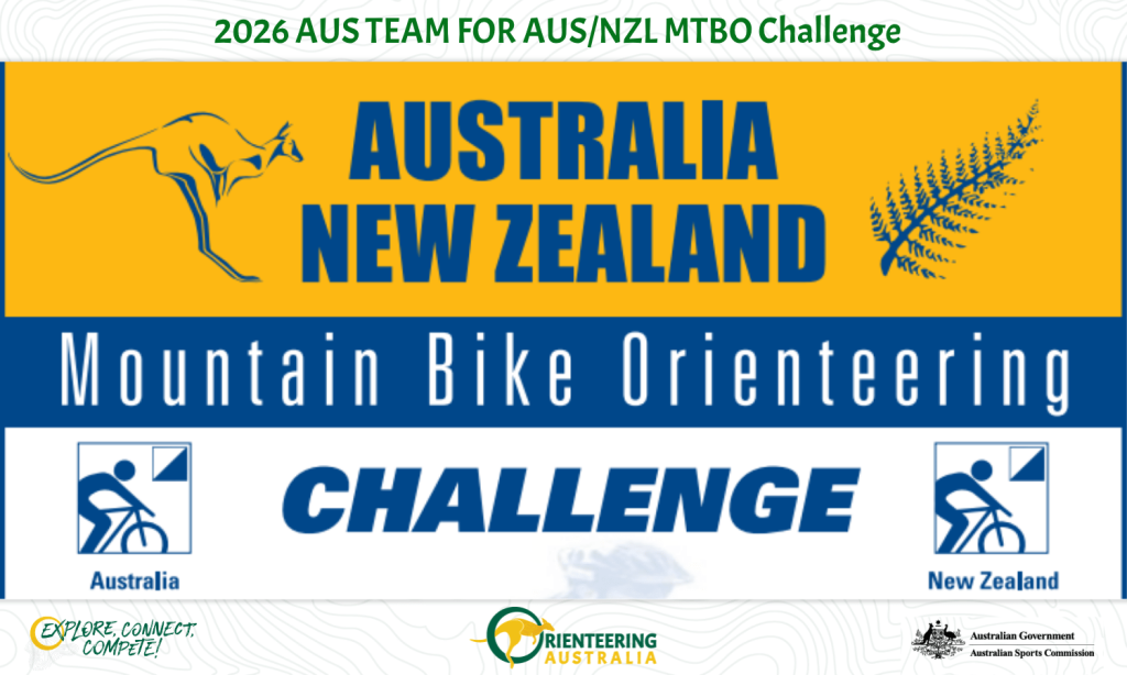 Banner for the 2026 AUS Team AUS/NZL MTBO Challenge, featuring Australia and New Zealand logos, a cyclist icon, and the word CHALLENGE.