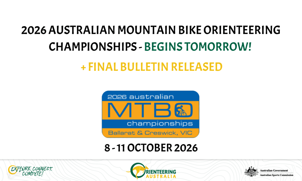 Promotional poster for the 2026 Australian Mountain Bike Orienteering Championships with dates October 8–11 and a logo centered on white background.