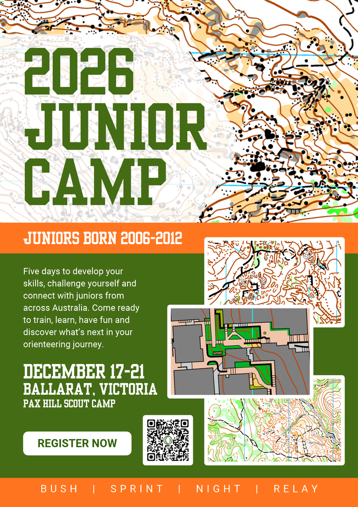 2026 OA Junior Camp A4 2 - Orienteering Australia Poster for 2026 Junior Camp with a topographic map background and bold green text: '2026 JUNIOR CAMP' and orange banner reading 'JUNIORS BORN 2006-2012'.