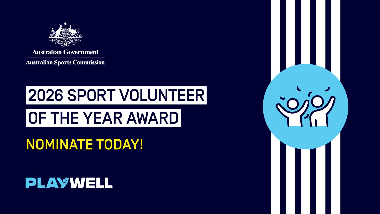 Promotional banner inviting nominations for the 2026 Sport Volunteer of the Year Award, with 'Nominate Today' and sponsor logos on each side.