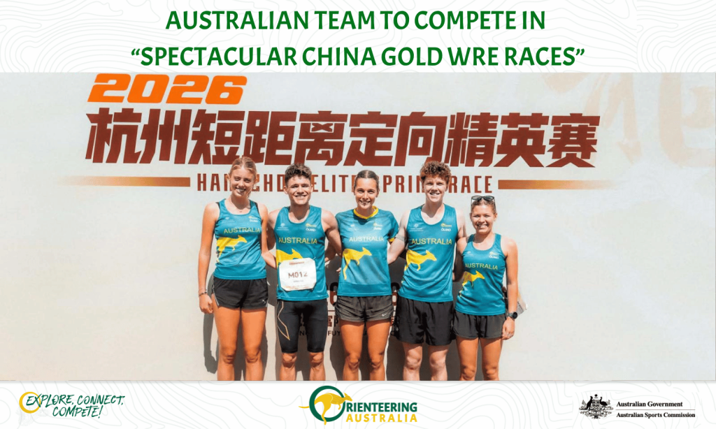 Five Australian runners in teal uniforms pose for a team photo in front of a race banner with Chinese text and 'Hangzhou Elite Pride' at the top.