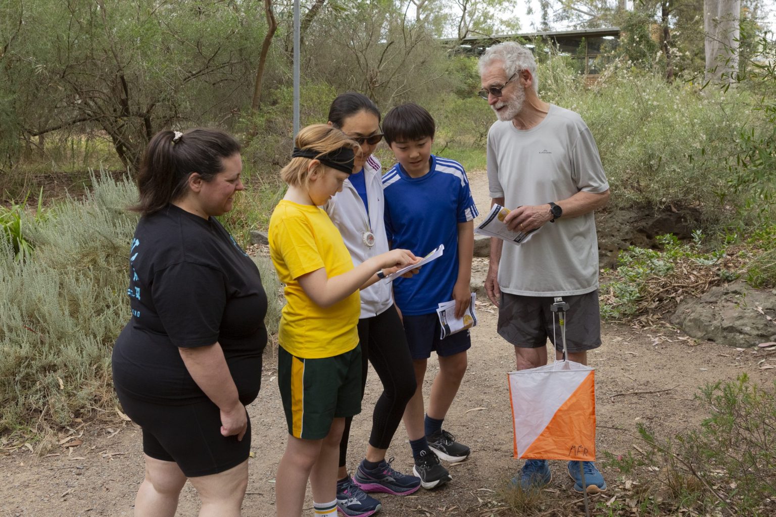 Group of five people standing on a dirt trail, examining maps together during an outdoor activity near a marker flag.