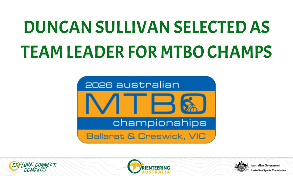 Announcement banner: Duncan Sullivan selected as team leader for MTBO Champs (2026 Australian MTBO Championships) with event logo.