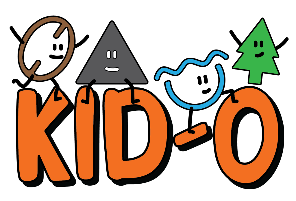 Playful orange letters spell KIDO with smiling shapes—a brown ring, gray triangle, blue curve, and green tree on top.