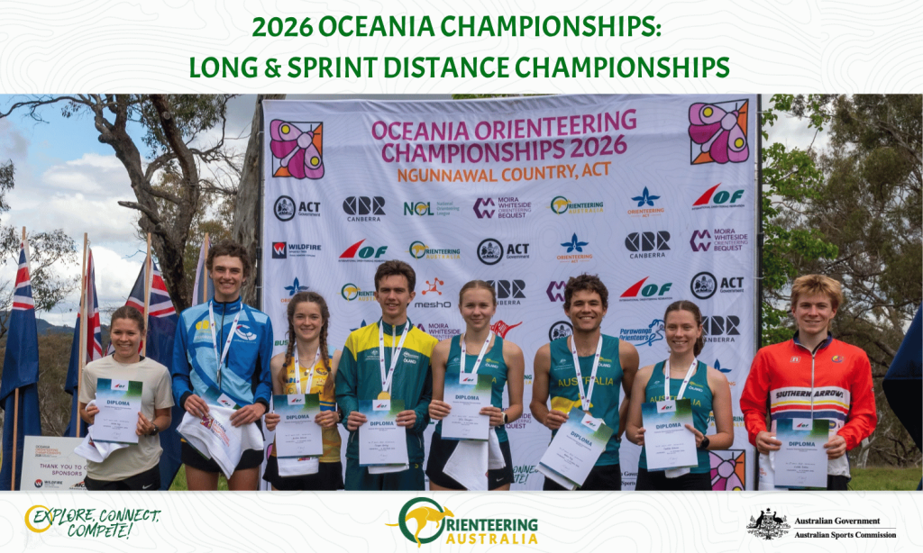 Group of young athletes standing with diplomas at an outdoor awards ceremony in front of a large banner reading Oceania Orienteering Championships 2026.