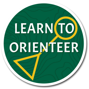 Circular logo with green textured background, white text 'Learn to Orienteer', and a yellow compass/marker symbol.