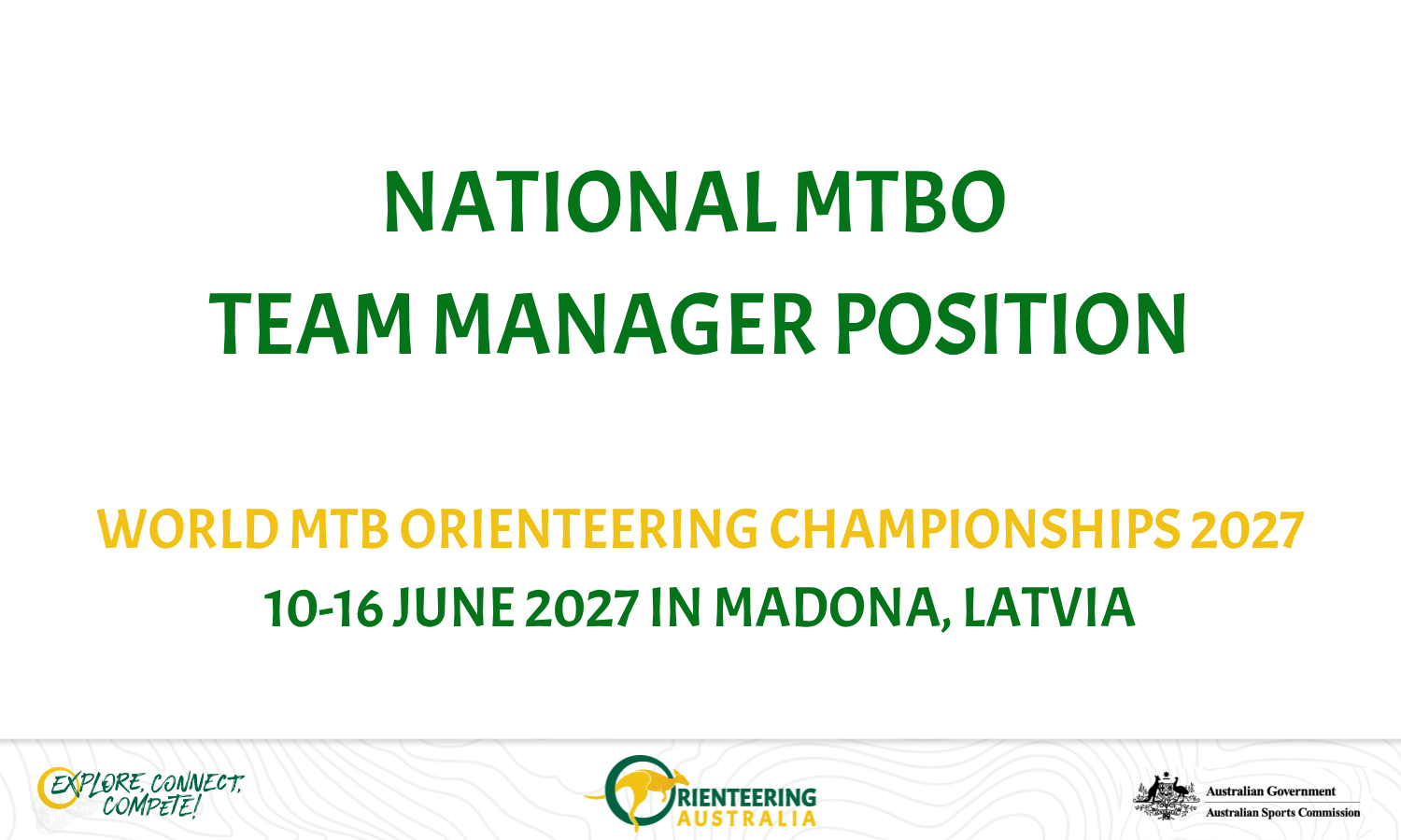 Poster advertising the National MTBO Team Manager Position for the 2027 World MTBO Orienteering Championships in Madona, Latvia (June 10–16).