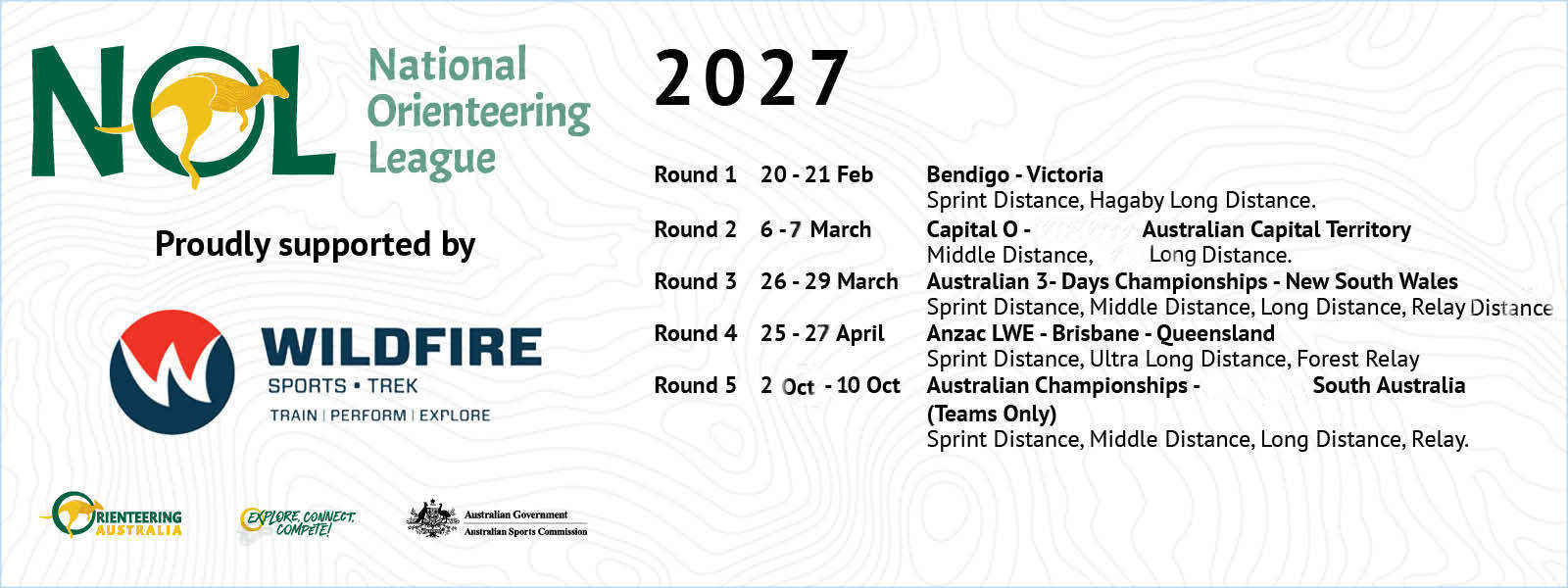 Infographic: 2017 National Orienteering League schedule with round dates and venue cities, plus sponsor logos (NO L and Wildfire).
