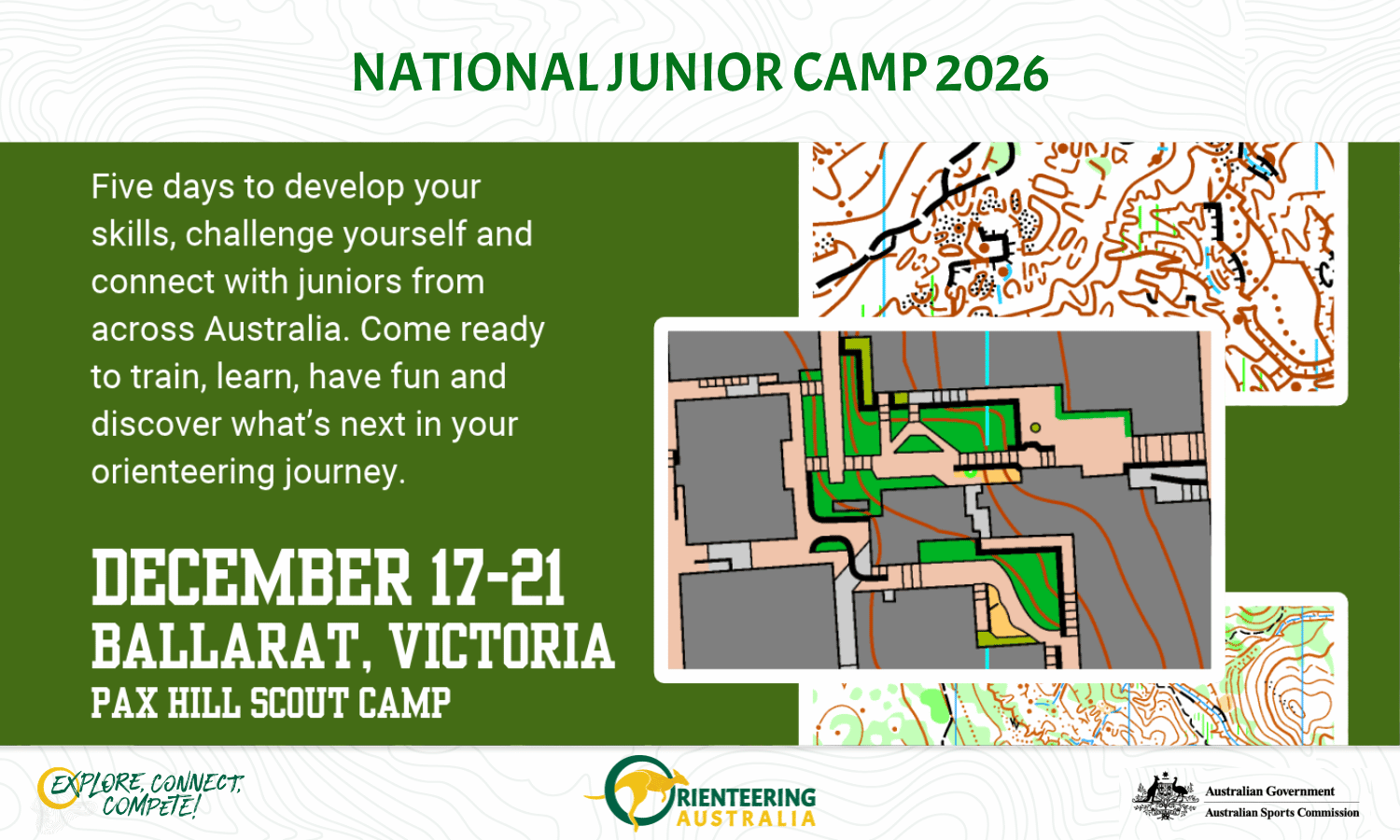 Banner announcing National Junior Camp 2026 with event details (Dec 17–21, Ballarat, Victoria, PAX Hill Scout Camp) on a green panel, plus overlapping topo maps and an orienteering map, and Orienteering Australia logos.