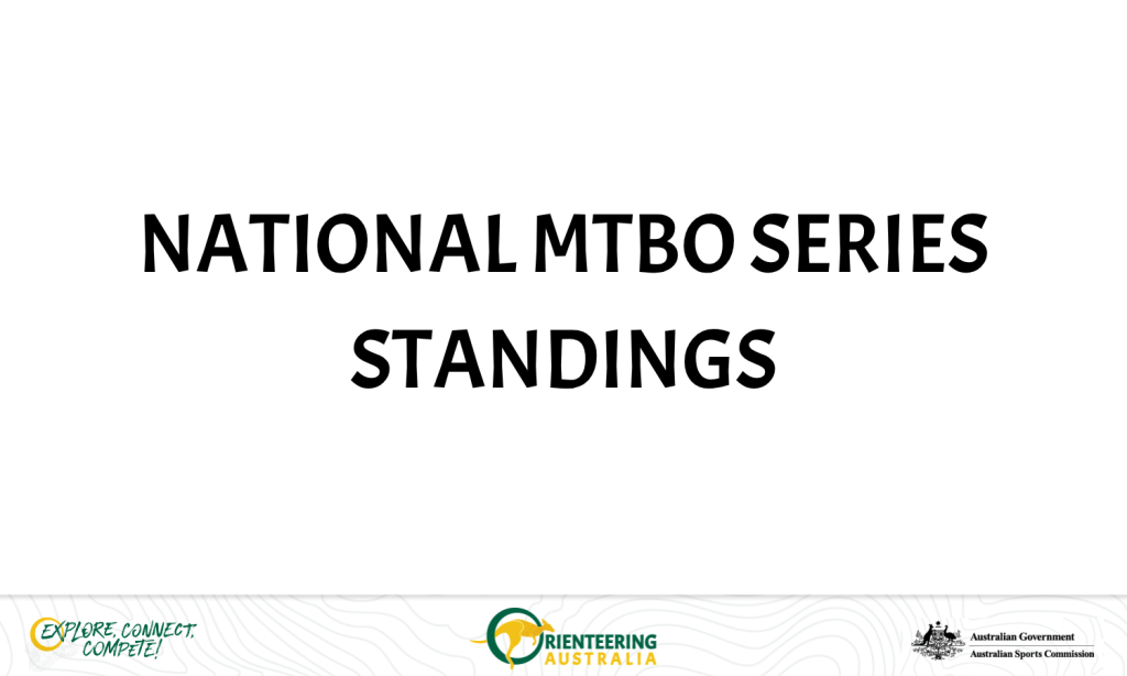 Banner reading 'NATIONAL MTBO SERIES STANDINGS' with sponsor logos along the bottom for partners and government support.