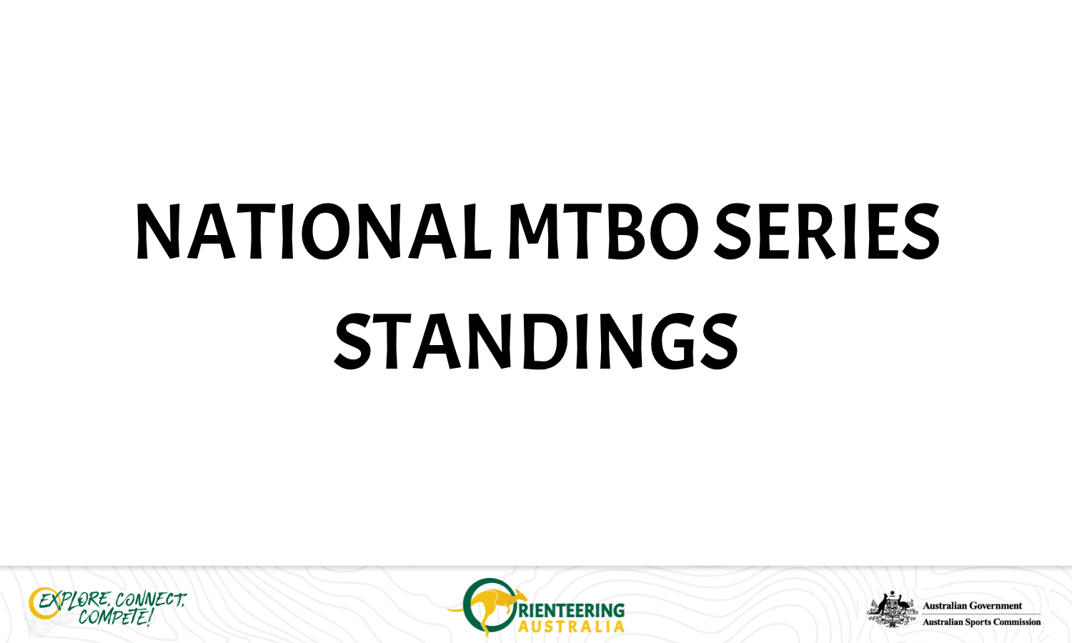 Banner reading 'NATIONAL MTBO SERIES STANDINGS' with sponsor logos along the bottom for partners and government support.