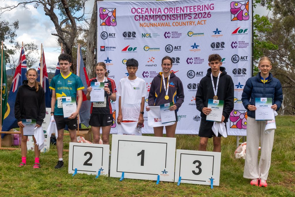Young competitors stand on a winners’ podium holding diplomas and medals at the Oceania Orienteering Championships 2026, with a sponsor banner behind them.