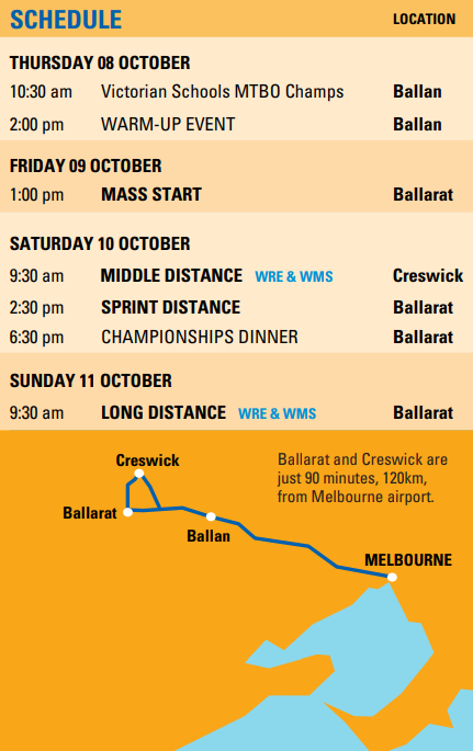 image - Orienteering Australia Event schedule for Thu-Sun Oct 8-11 with times, events, and locations (Ballarat, Creswick, Melbourne) and a route map from Ballarat to Melbourne behind the schedule.