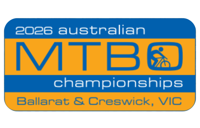 Logo for the 2026 Australian MTB Championships in Ballarat & Creswick, VIC, with blue and orange bands and a cyclist icon.