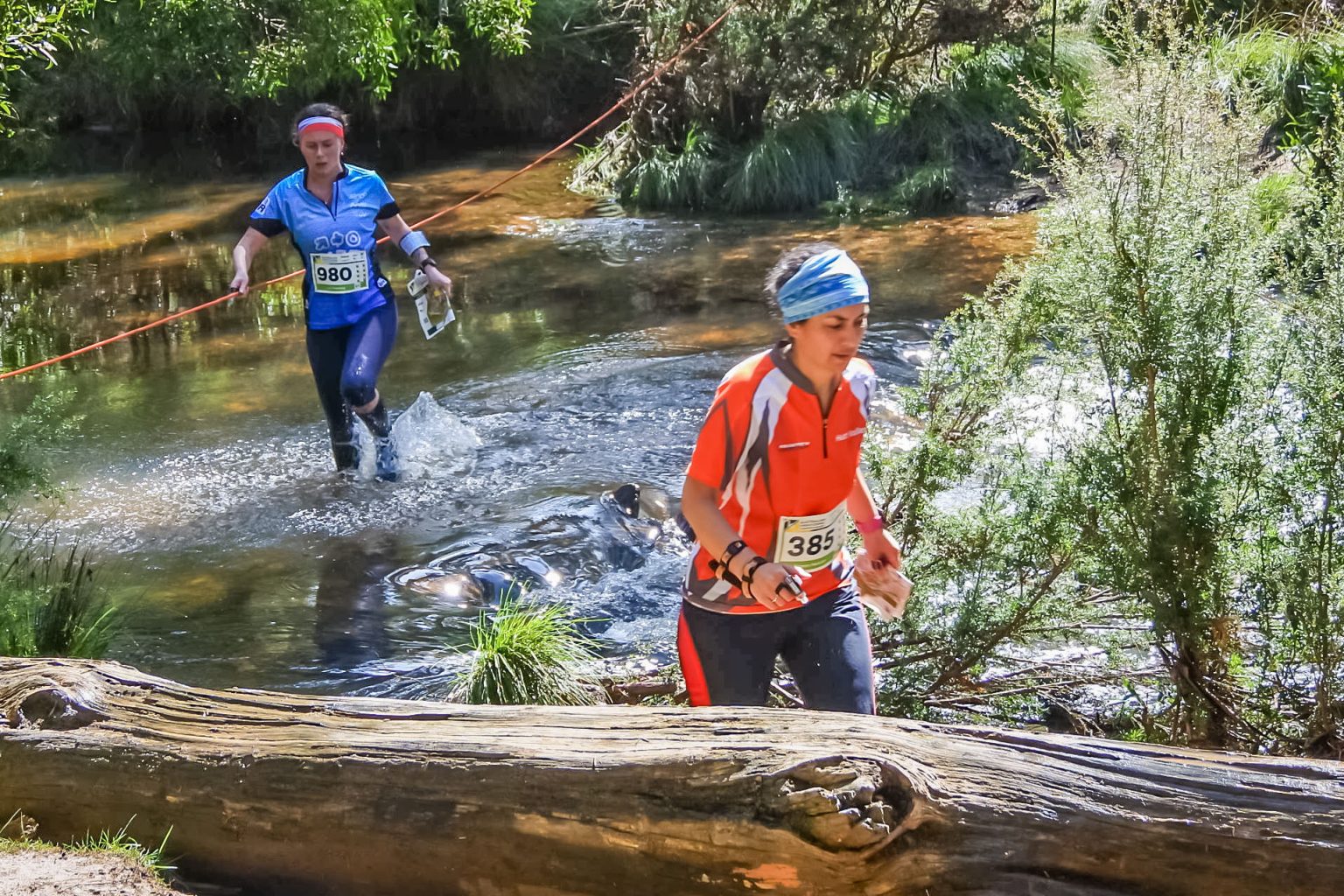 Competitors in a bush orienteering event crossing a creek on their course. Photo: Margi Fremantle.